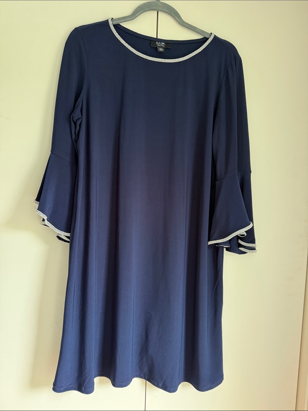 JM Collection Navy Dress with Rhinestone-Trim Neckline and Bell Sleeves